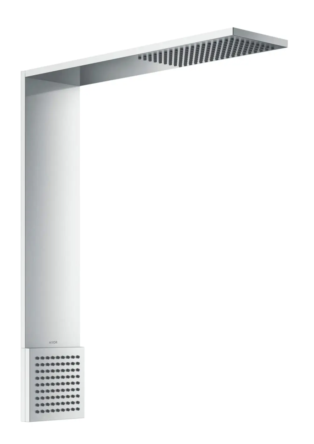 AXOR Brausenmodul mit flacher Kopfbrause und zentralem Bedienfeld, montiert an einer Wand, in glänzendem Chromfinish.